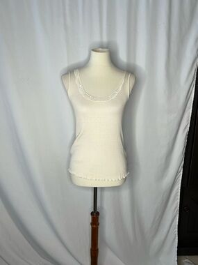 Ann Taylor Ribbed Lace Trim Tank Top | Ivory Cream | Size M